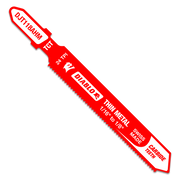 Red Diablo T-shank jig saw blade with fine teeth, labeled for thin metal cutting.
