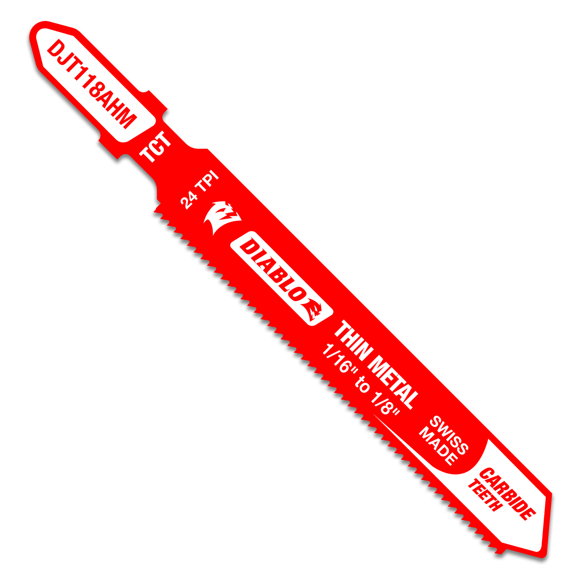 Red Diablo T-shank jig saw blade with fine teeth, labeled for thin metal cutting.