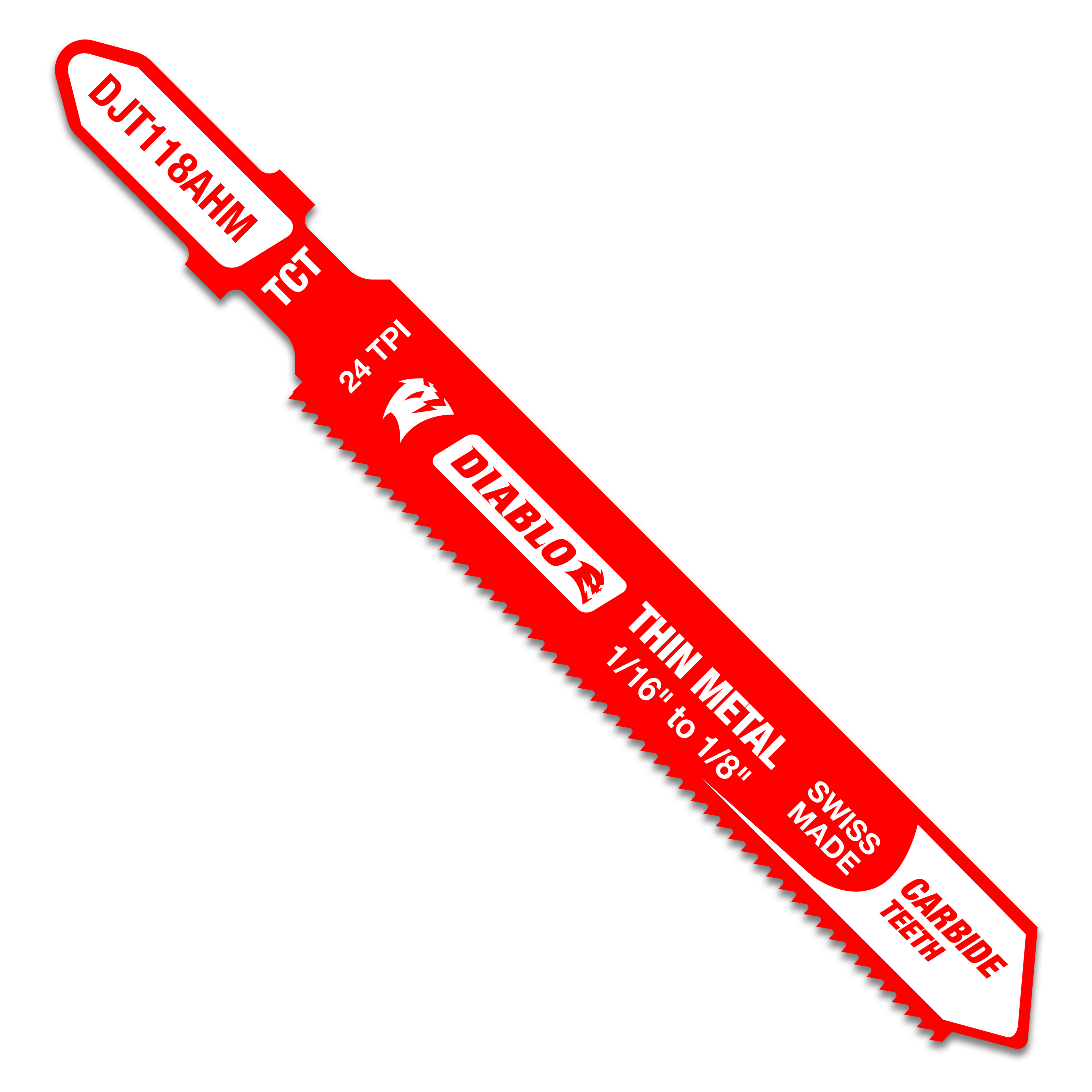 Red Diablo T-shank jig saw blade with fine teeth, labeled for thin metal cutting.
