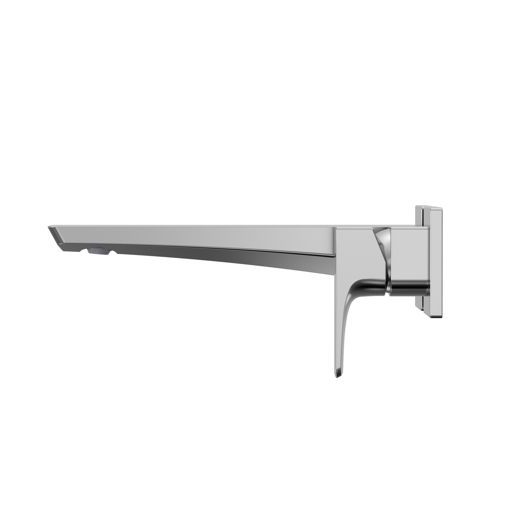 Polished chrome wall-mount bathroom faucet with single handle and long horizontal spout.