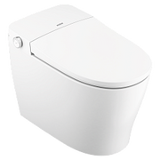White electronic toilet seat with control panel on side and curved lid.