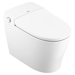 White electronic toilet seat with control panel on side and curved lid.