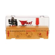 Three router bits in clear plastic case with wooden base: black stick cutter and coping cutter, red mortising bit.