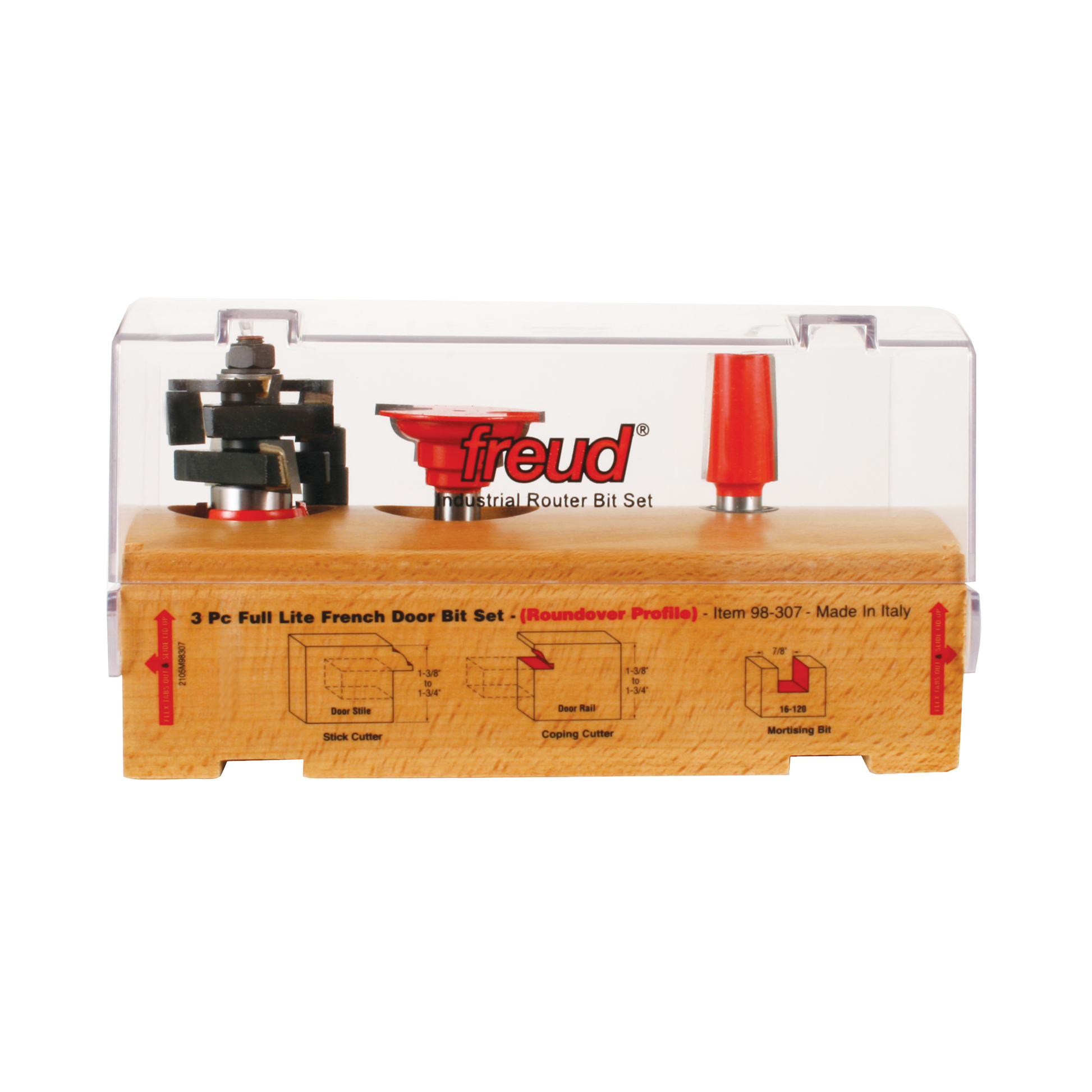 Three router bits in clear plastic case with wooden base: black stick cutter and coping cutter, red mortising bit.
