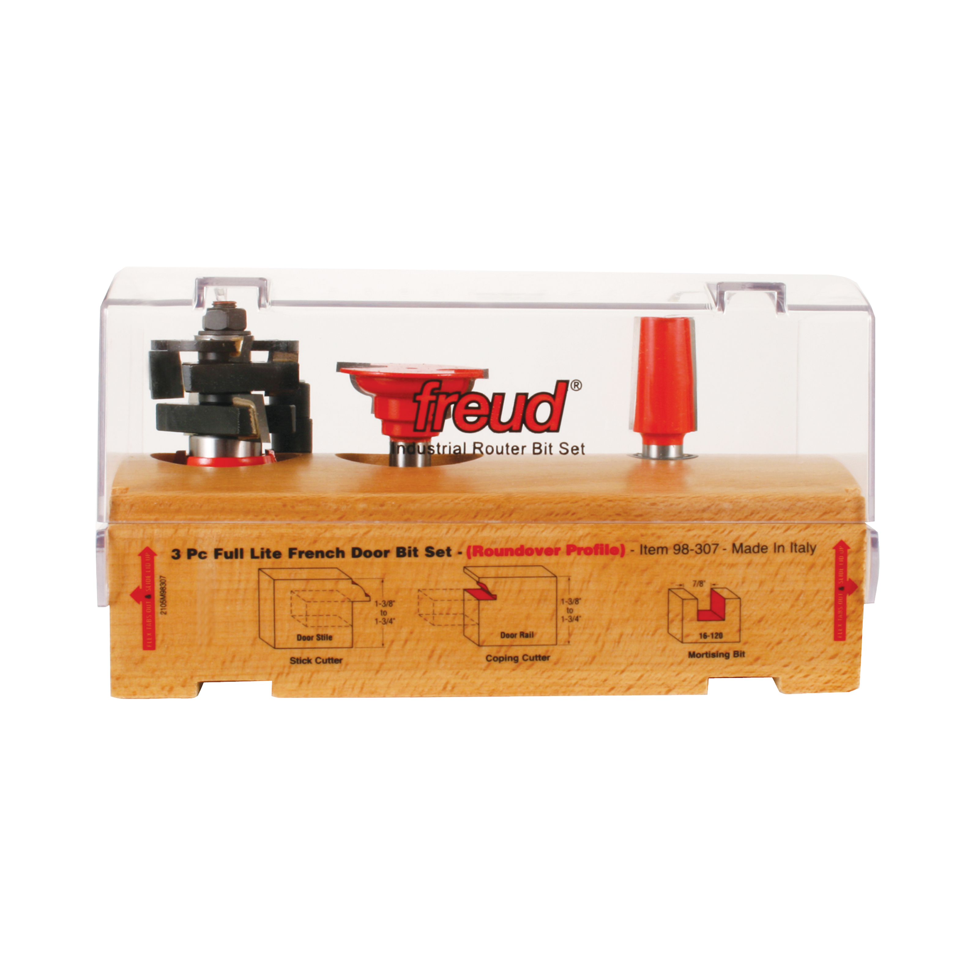 Three router bits in clear plastic case with wooden base: black stick cutter and coping cutter, red mortising bit.