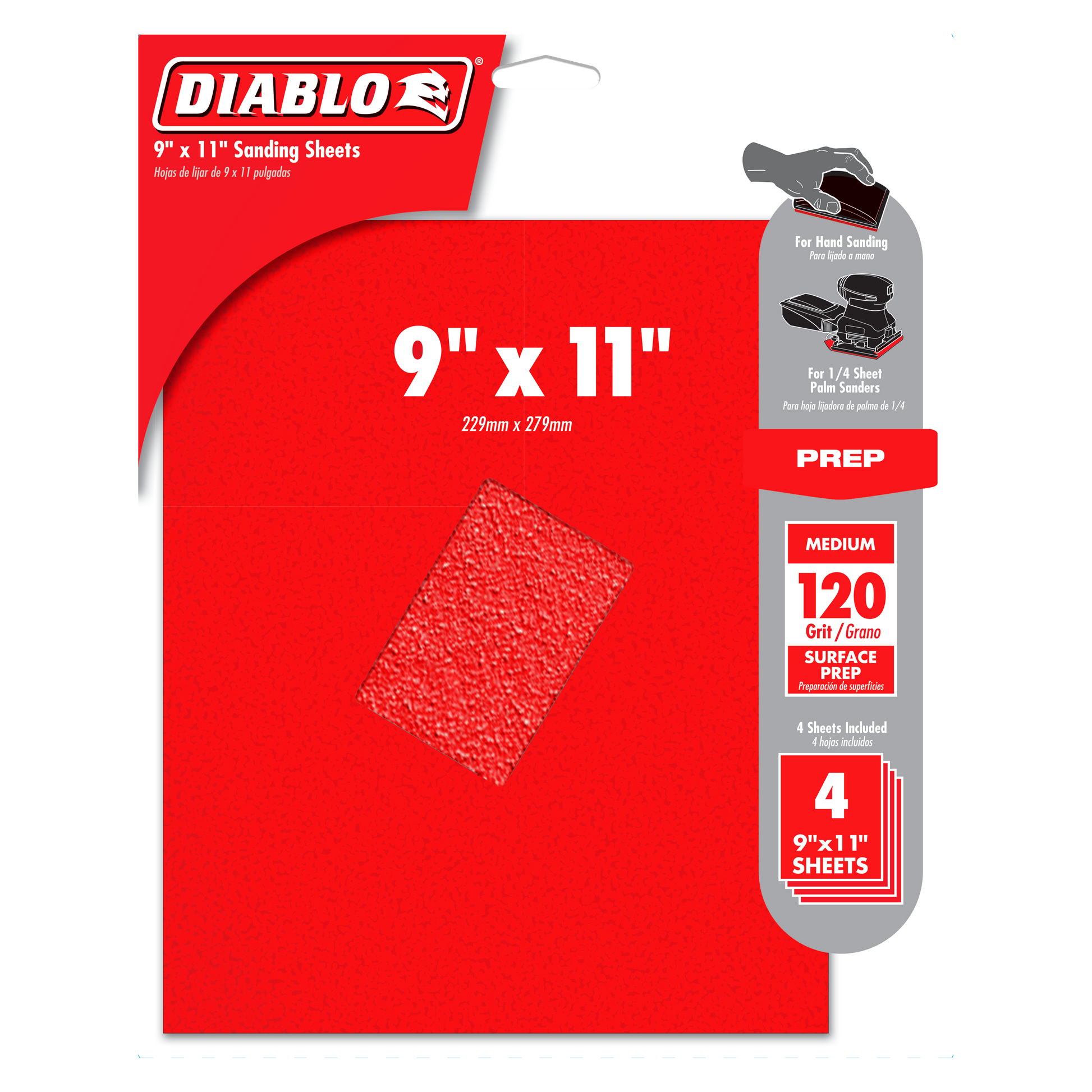 Four red 9" x 11" medium-grit sanding sheets in Diablo packaging.