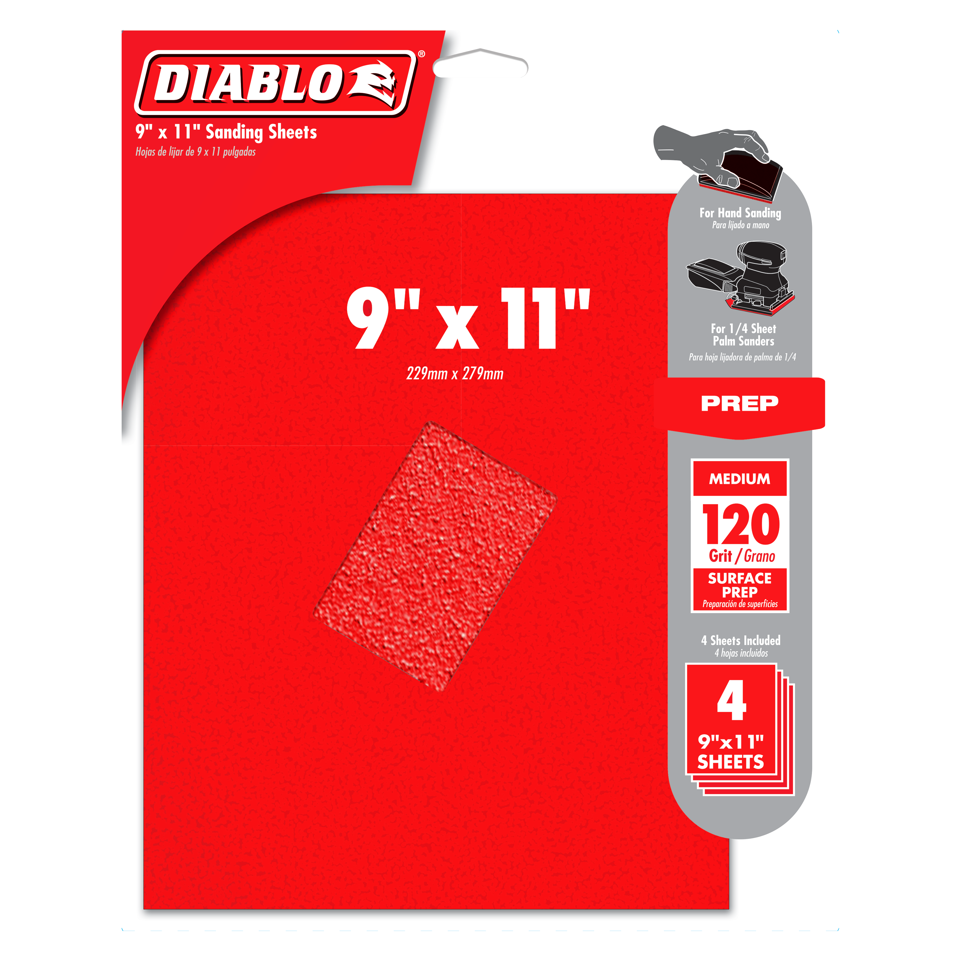 Four red 9" x 11" medium-grit sanding sheets in Diablo packaging.