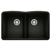 Coal black 50/50 double bowl kitchen sink with chrome drain strainers and rounded corners.