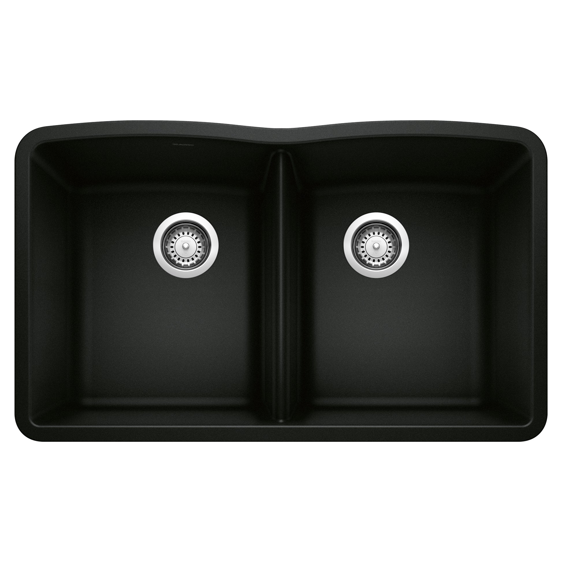 Coal black 50/50 double bowl kitchen sink with chrome drain strainers and rounded corners.