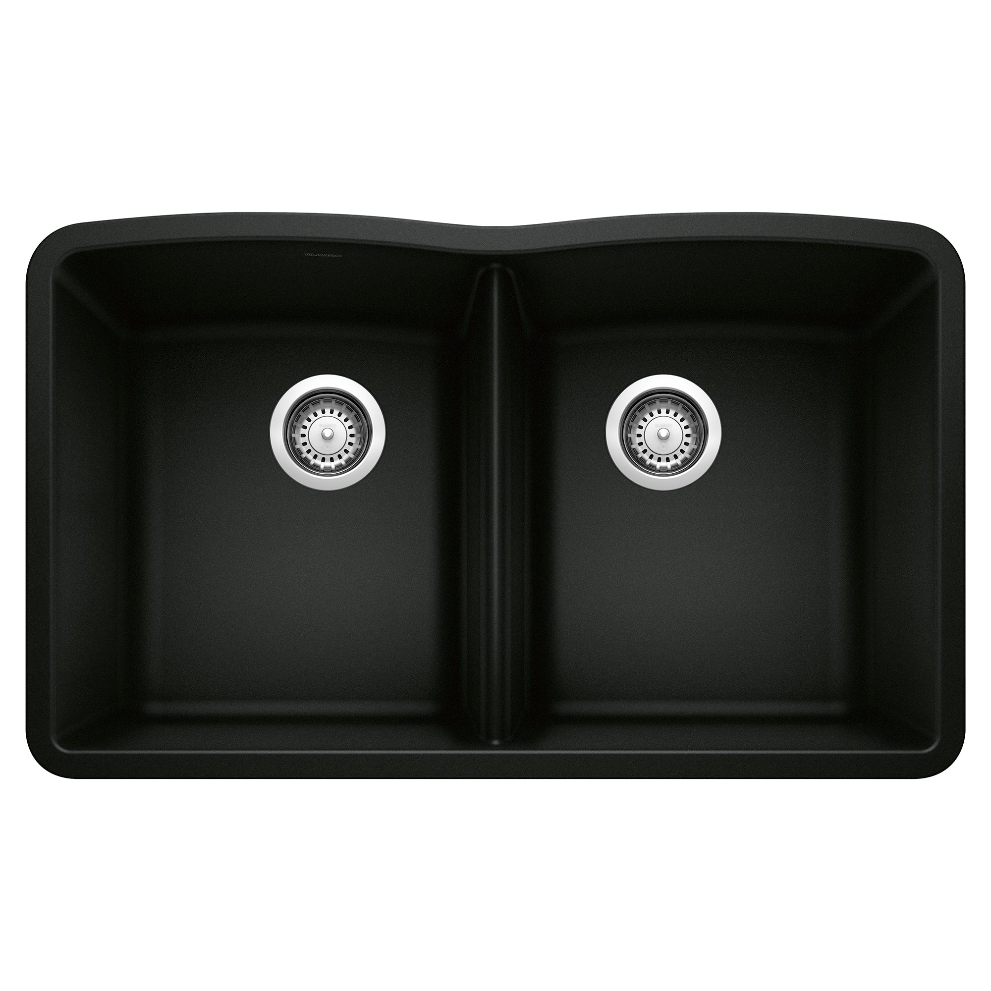 Coal black 50/50 double bowl kitchen sink with chrome drain strainers and rounded corners.