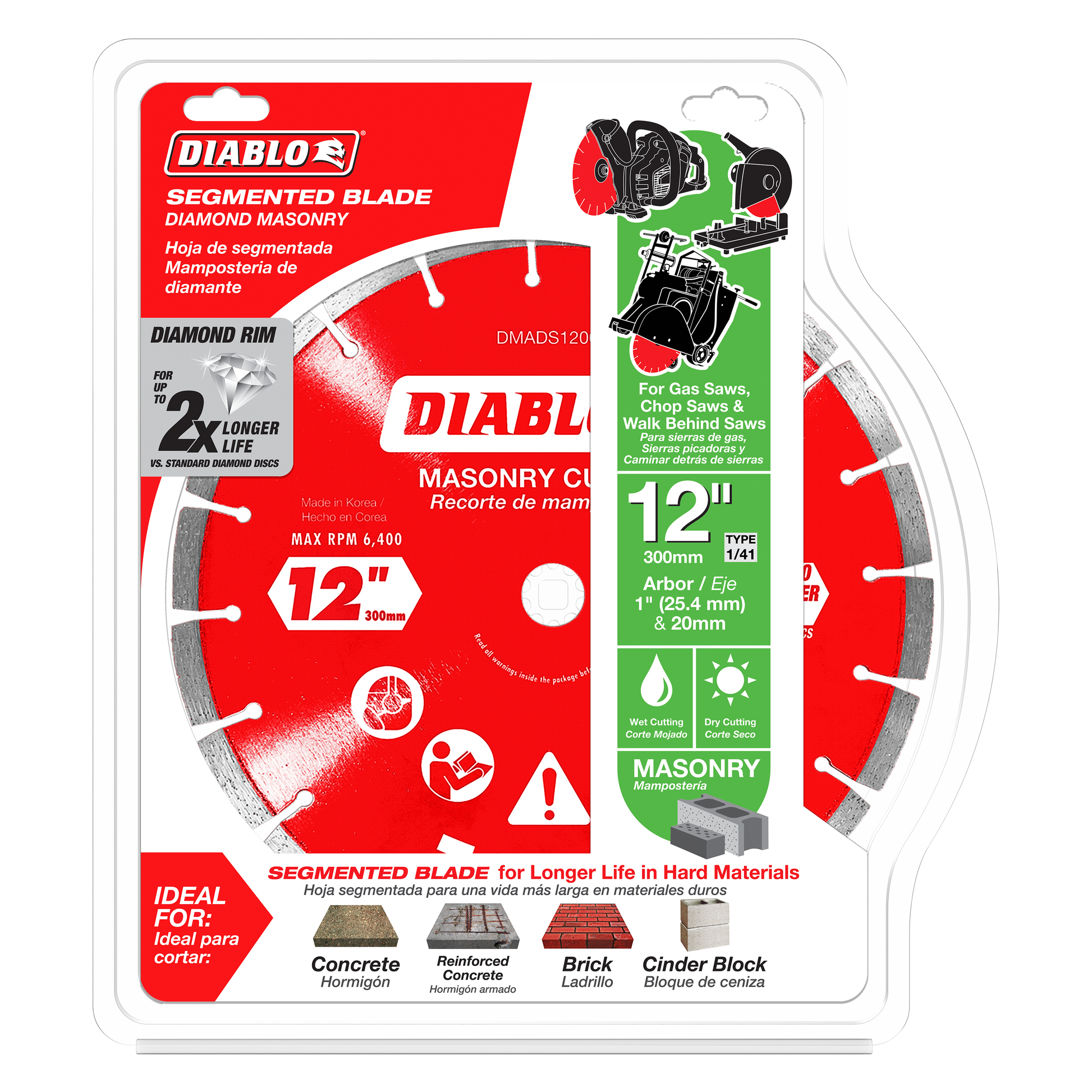 12-inch Diablo diamond segmented cut-off disc with diamond rim for masonry cutting in concrete, brick, and cinder block.