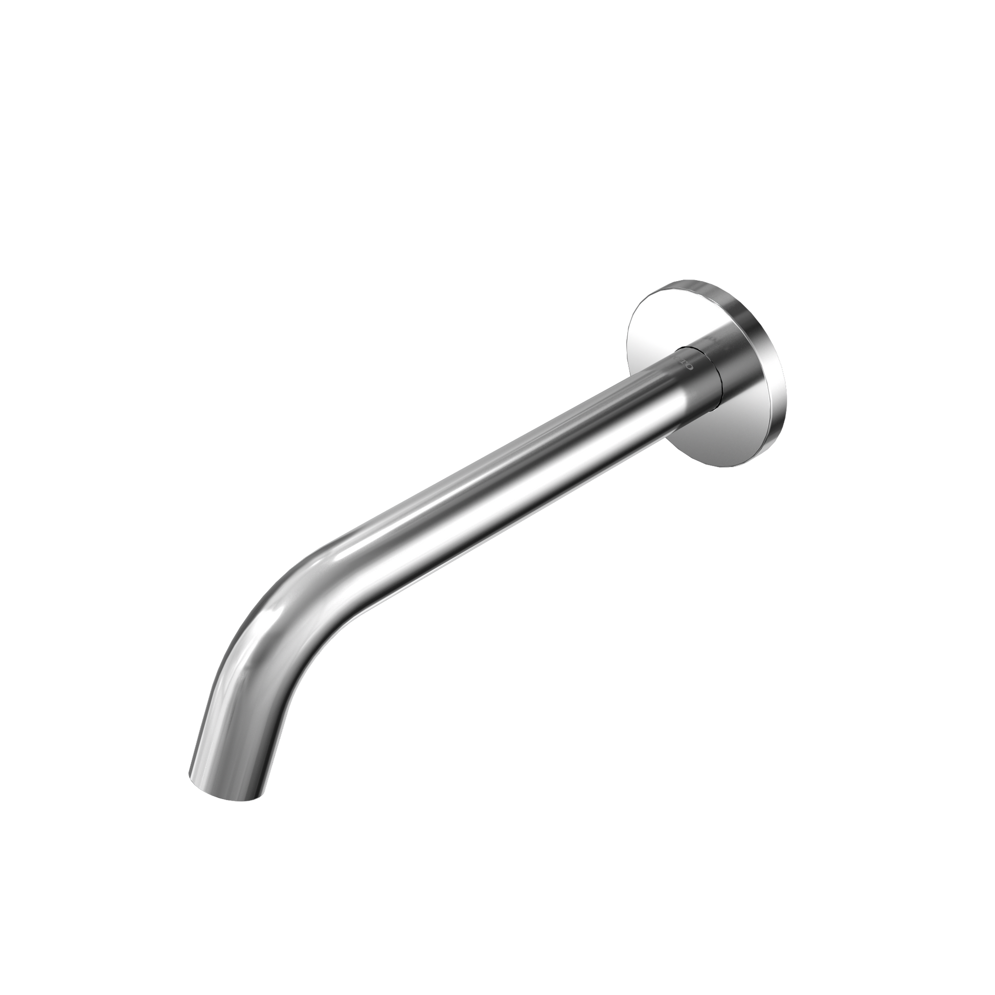 Polished chrome wall-mounted touchless bathroom faucet with curved spout and circular mounting plate.