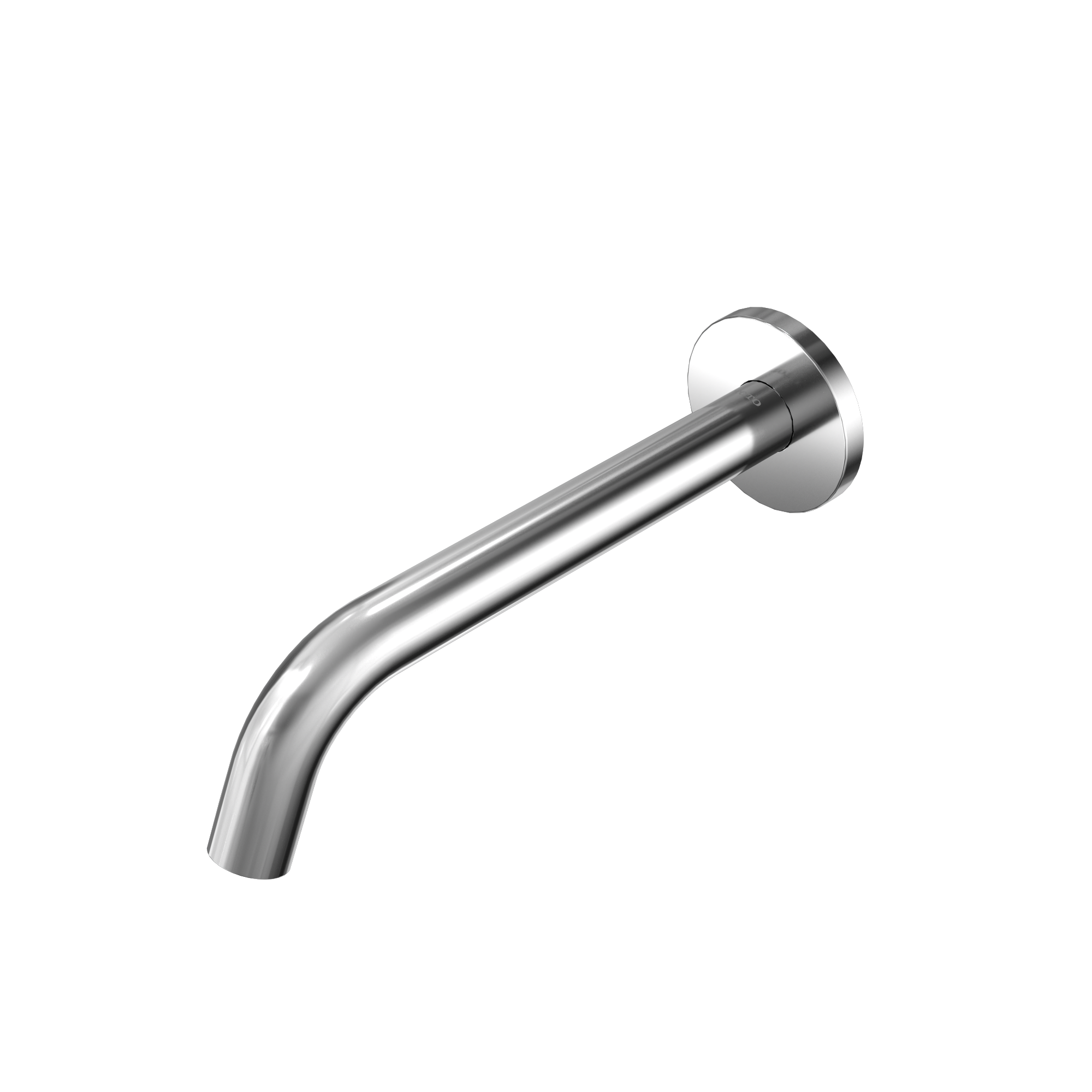 Polished chrome wall-mounted bathroom faucet with curved spout and round mounting flange.