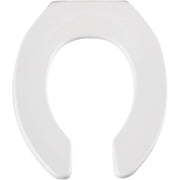 White plastic round toilet seat with open front design and hinges visible.