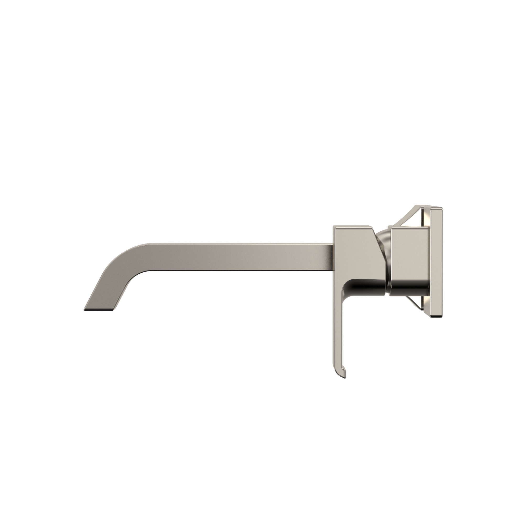 Polished nickel wall-mount bathroom faucet with single lever handle and curved spout.