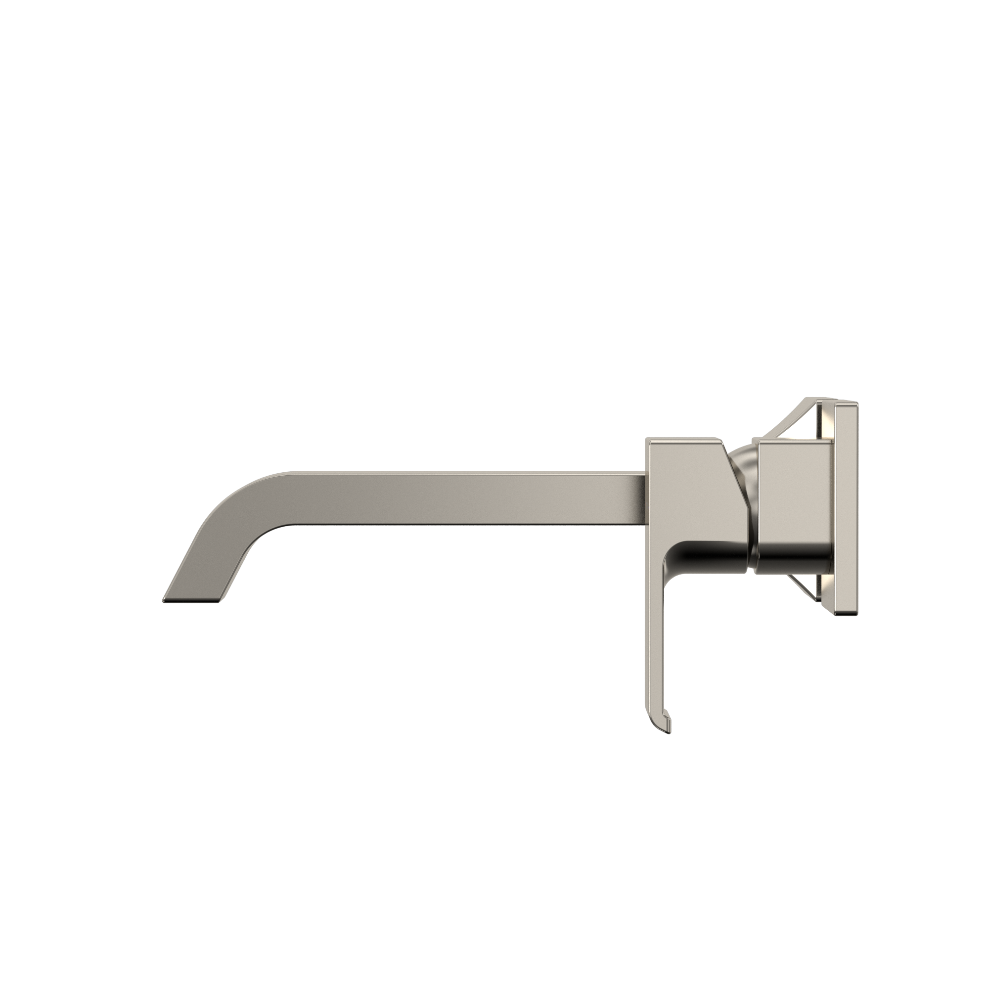 Polished nickel wall-mount bathroom faucet with single lever handle and curved spout.