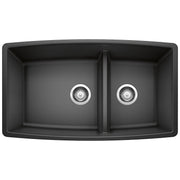 Anthracite undermount kitchen sink with two unequal bowls and chrome drain strainers, viewed from above.