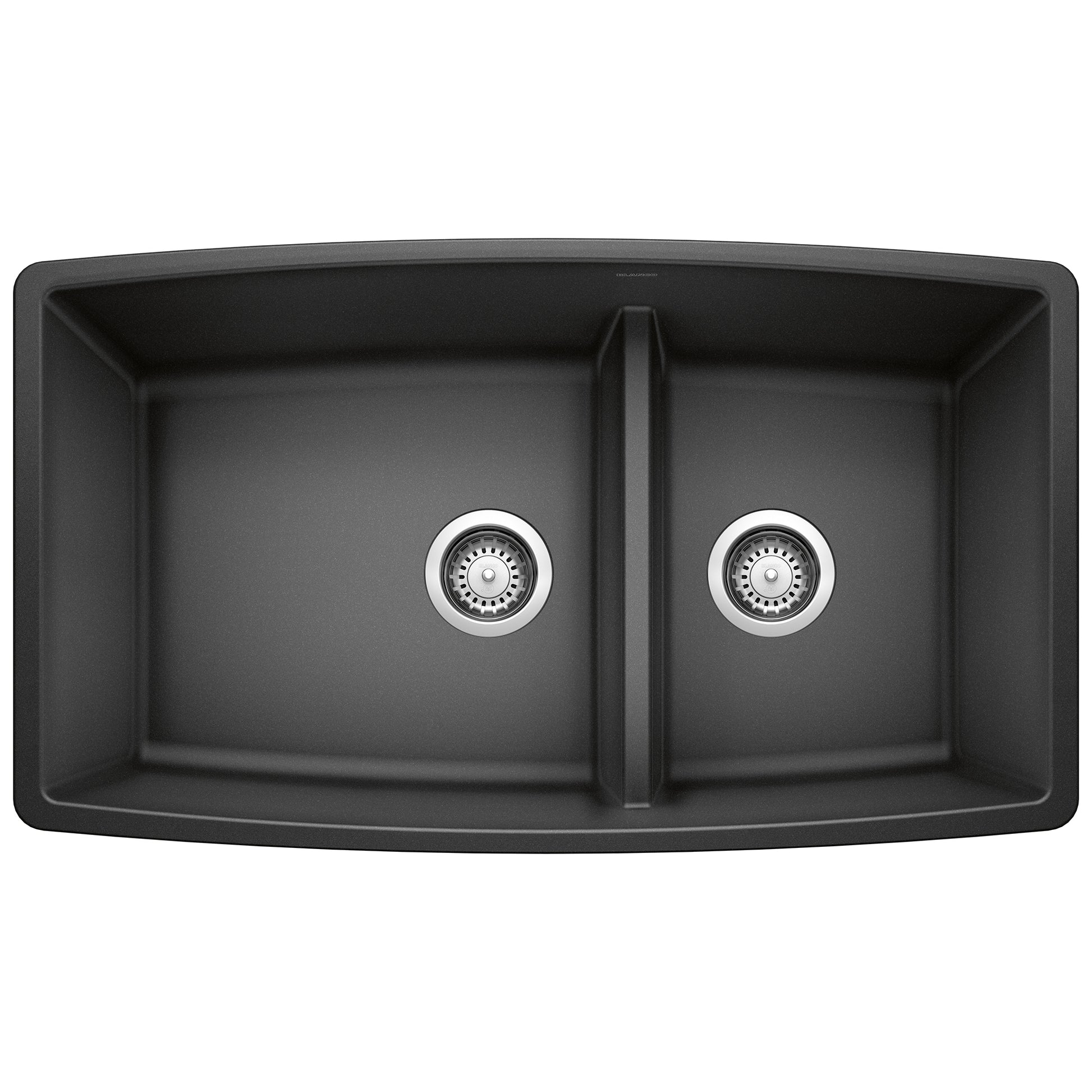 Anthracite undermount kitchen sink with two unequal bowls and chrome drain strainers, viewed from above.