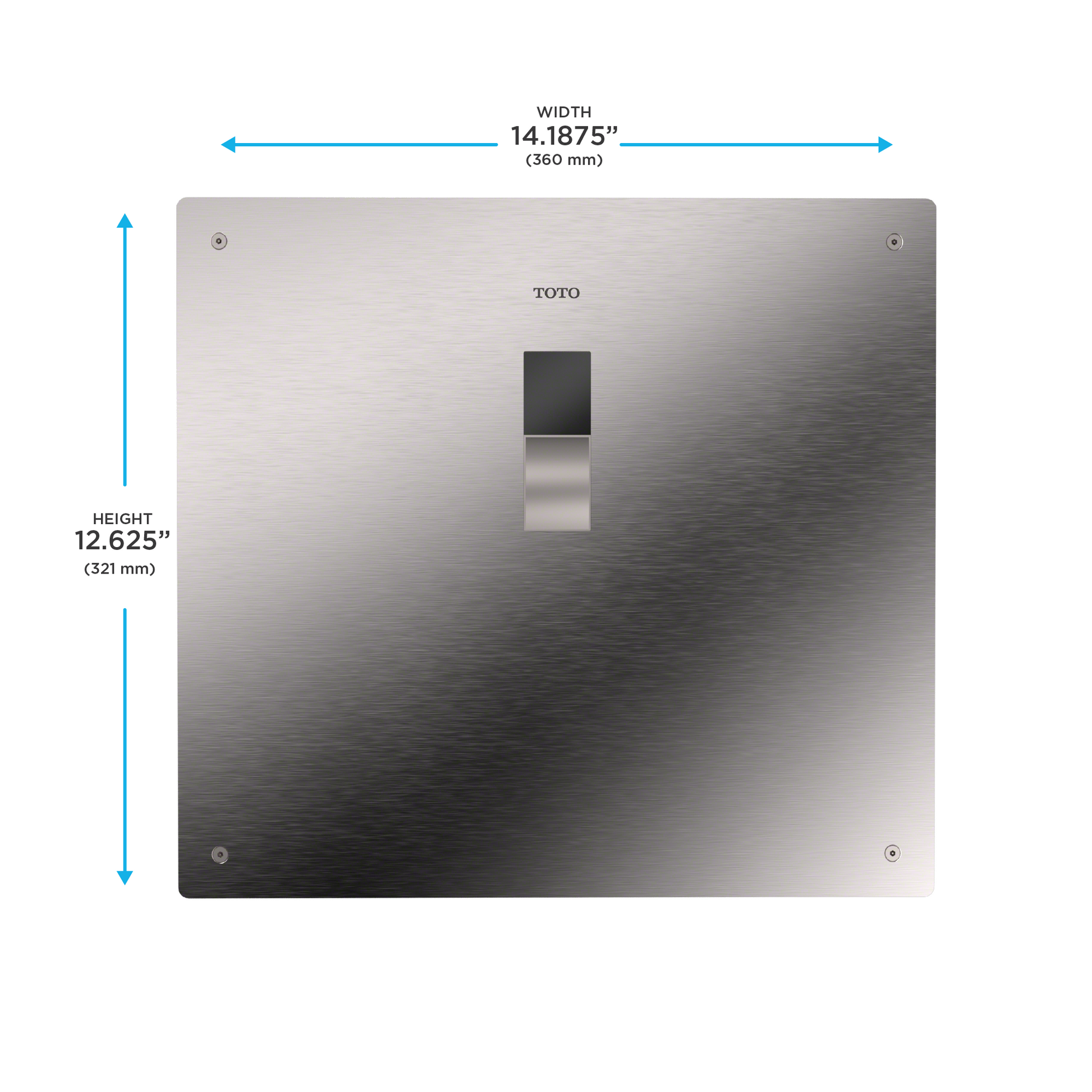 Stainless steel cover plate with touchless sensor and dimensions of 14.1875" width by 12.625" height.