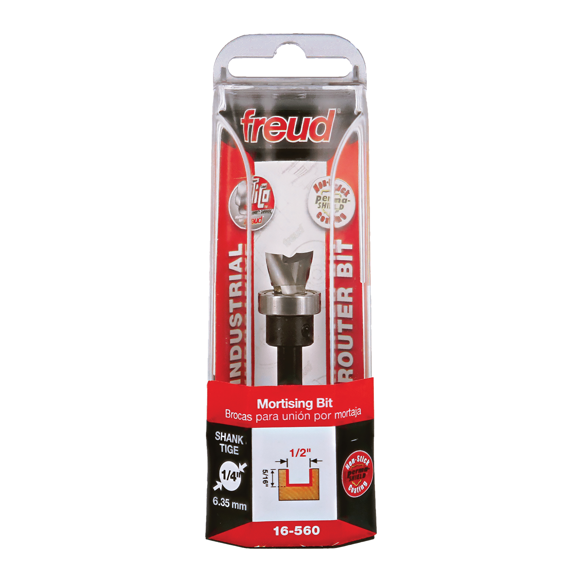 Freud 1/2" mortising bit with 1/4" shank in clear plastic packaging with red and black labeling.