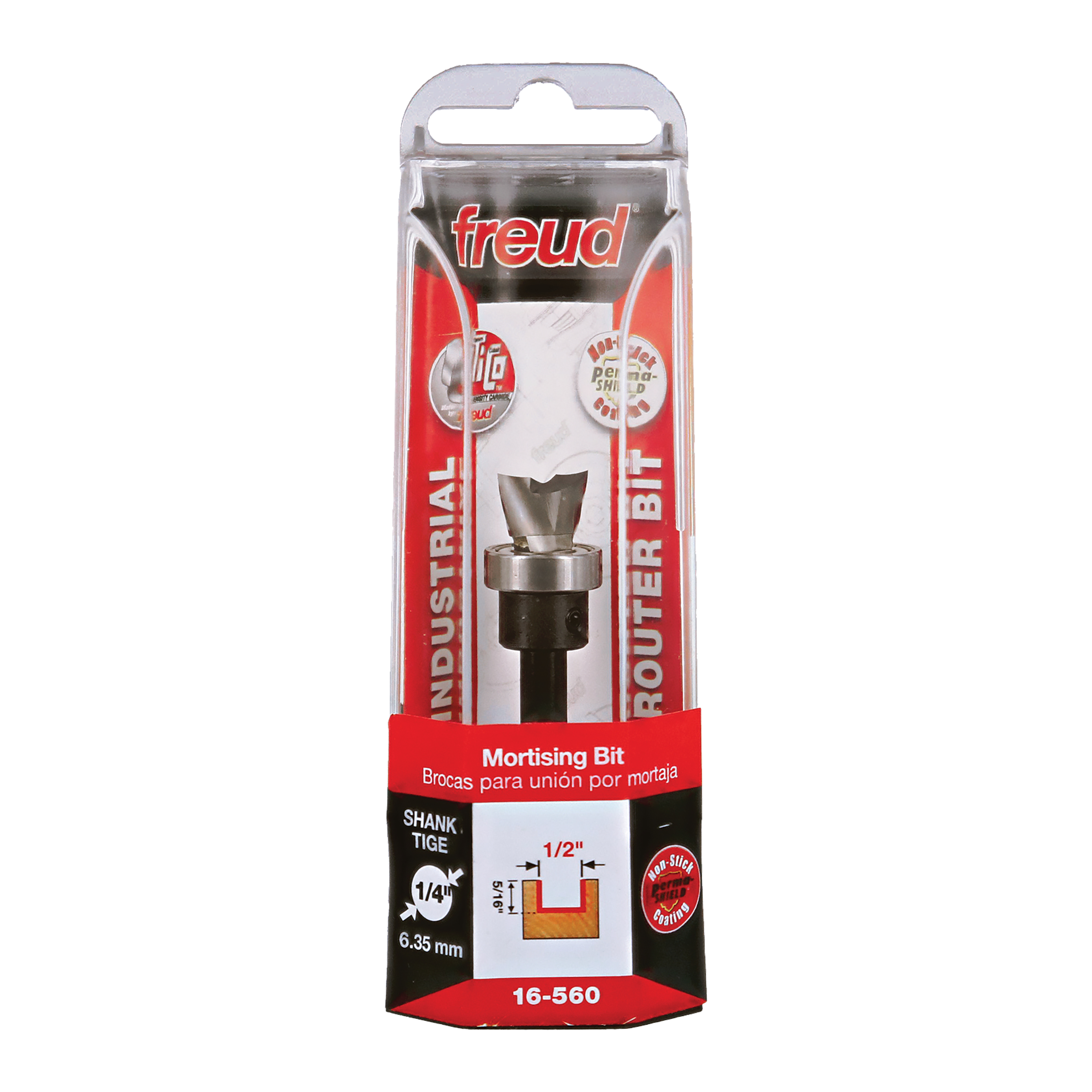 Freud 1/2" mortising bit with 1/4" shank in clear plastic packaging with red and black labeling.
