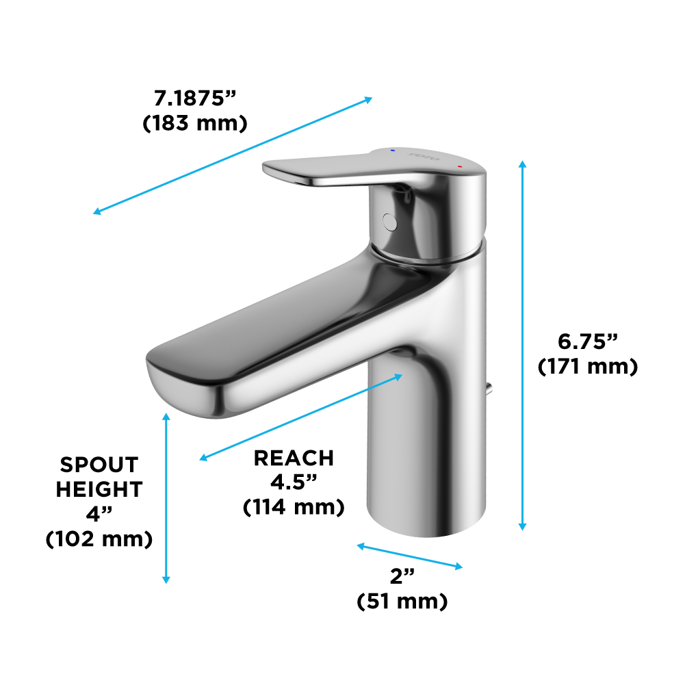 Polished chrome single-handle bathroom sink faucet with curved spout and dimensions labeled.