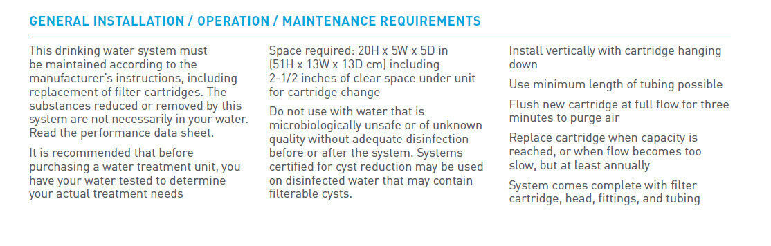 White installation and maintenance instruction sheet for Everpure PBS-400 drinking water system with blue header text.