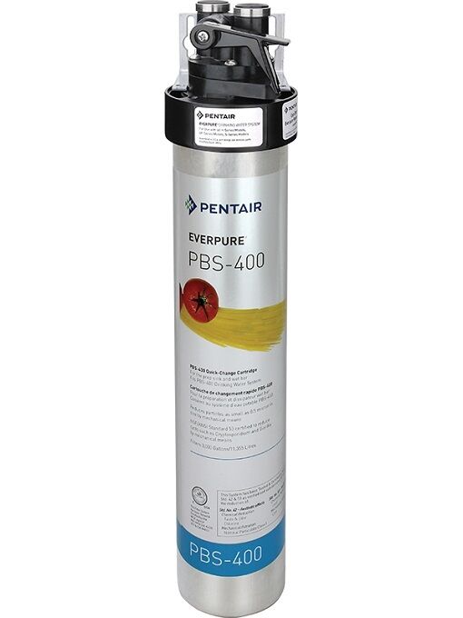 Everpure PBS-400 cylindrical water filter with black top assembly and silver cartridge body featuring red apple and yellow st