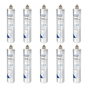 Ten cylindrical water filter cartridges with white bodies, brass tops, and blue accent stripes arranged in two rows.