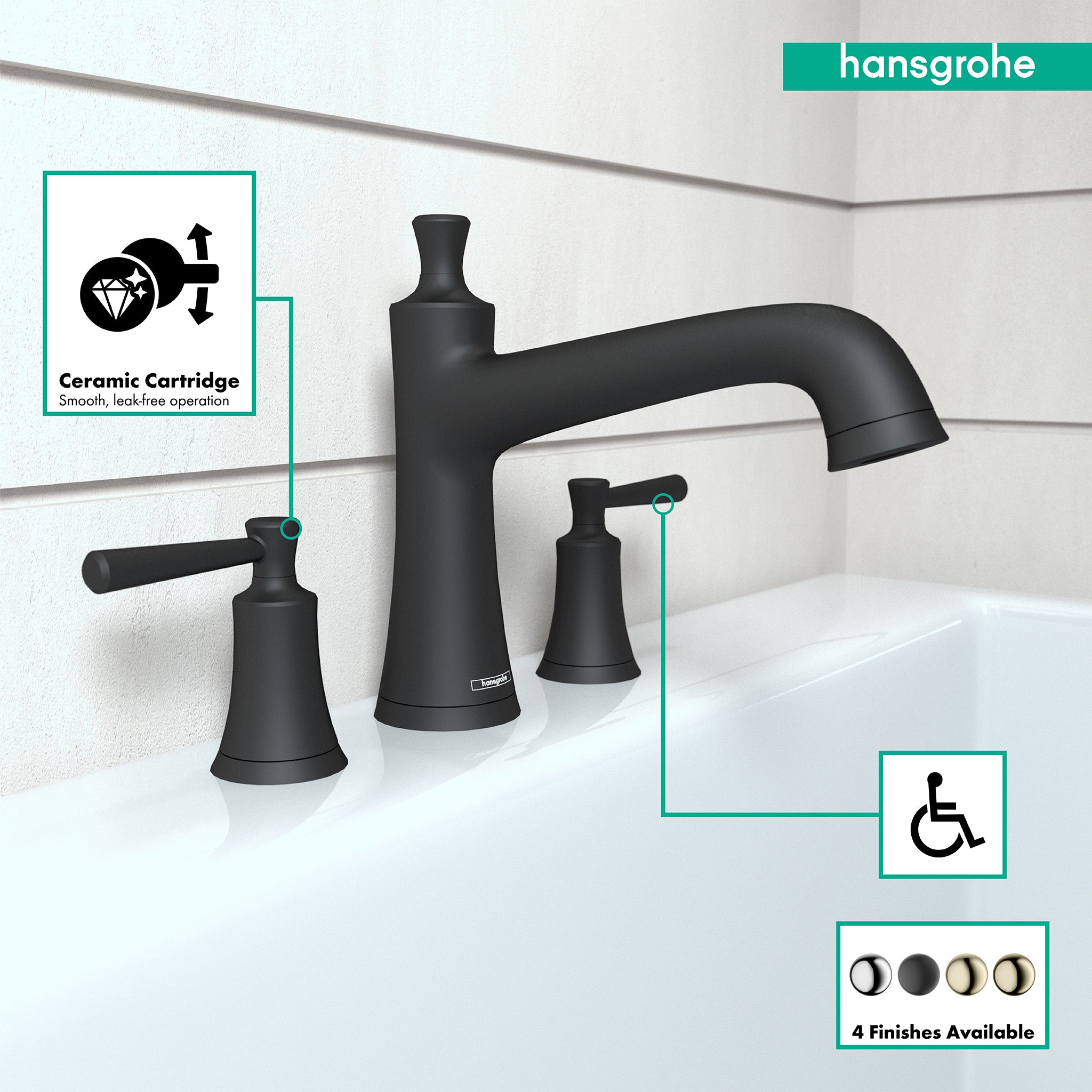 Matte black three-hole Roman tub faucet with curved spout and two lever handles installed on white bathtub rim.