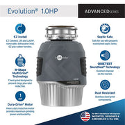 Black InSinkErator Evolution 1.0HP continuous feed garbage disposal with stainless steel grinding chamber and gray housing.