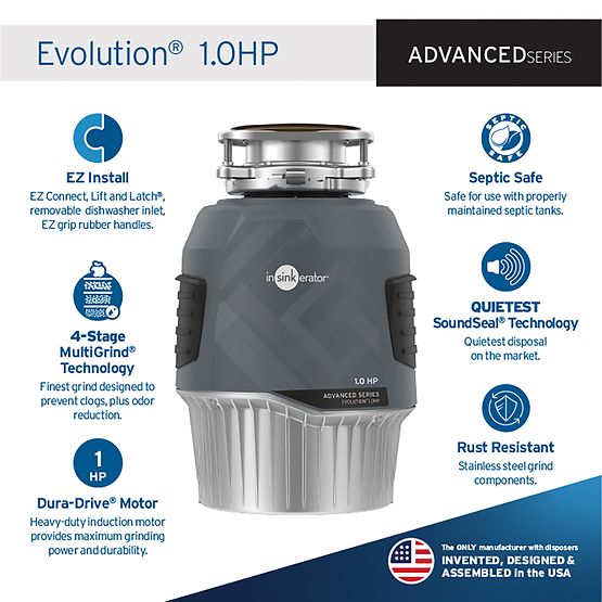 Black InSinkErator Evolution 1.0HP continuous feed garbage disposal with stainless steel grinding chamber and gray housing.