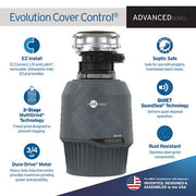 Black InSinkErator Evolution Advanced Series garbage disposal with cover control batch feed, 3/4 HP motor, and stainless stee