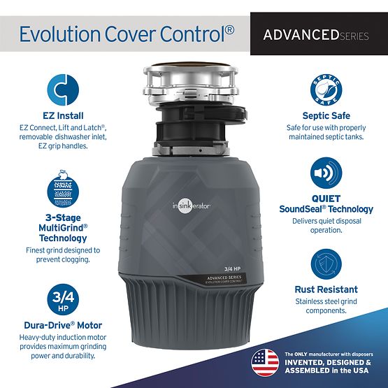 Black InSinkErator Evolution Advanced Series garbage disposal with cover control batch feed, 3/4 HP motor, and stainless stee