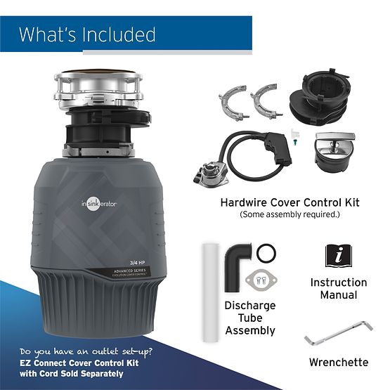 Black InSinkErator garbage disposal with included hardware cover control kit, discharge tube assembly, instruction manual, an
