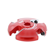 Red router cutter head with two cutting blades and central mounting hole for 3/4" stock milling.