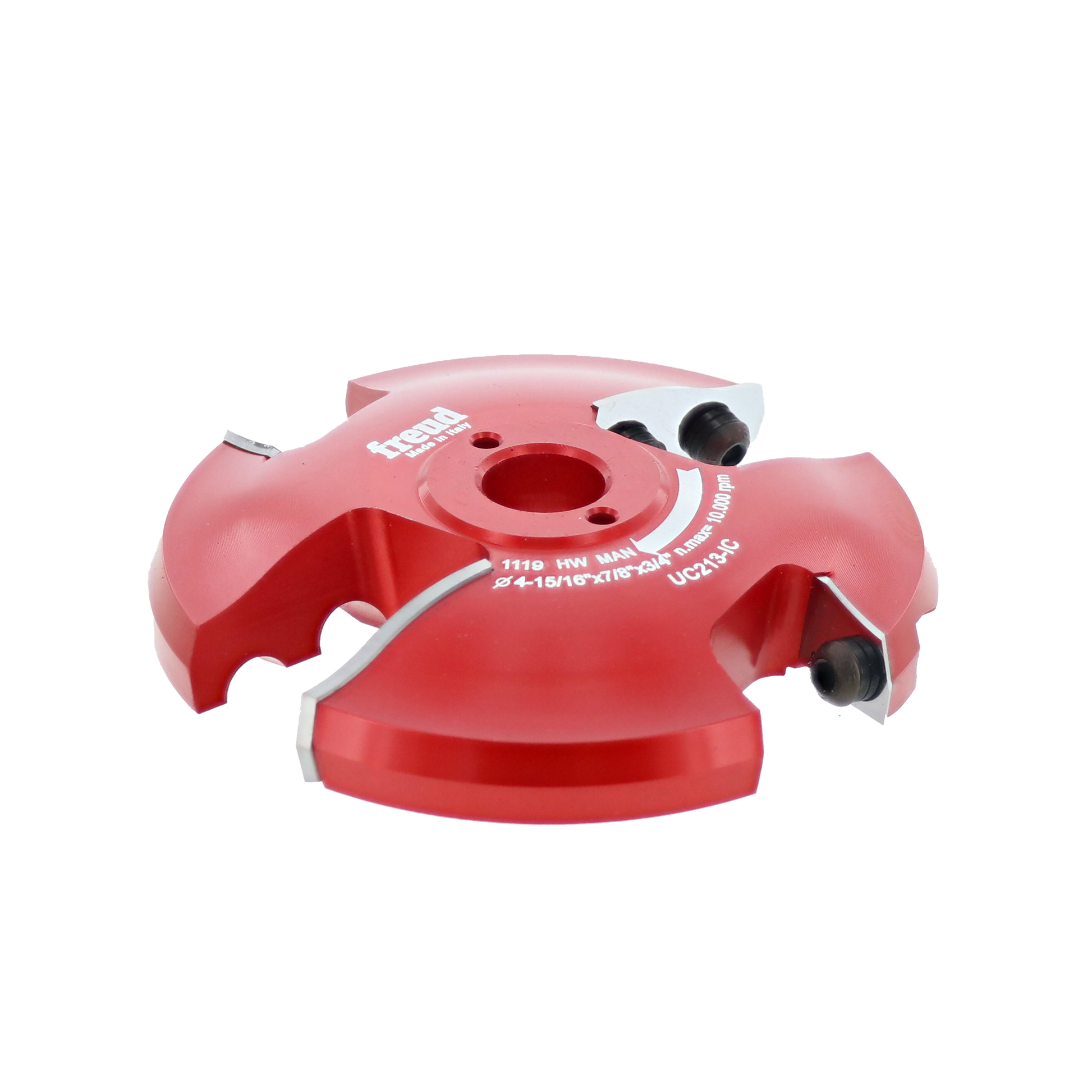 Red router cutter head with two cutting blades and central mounting hole for 3/4" stock milling.