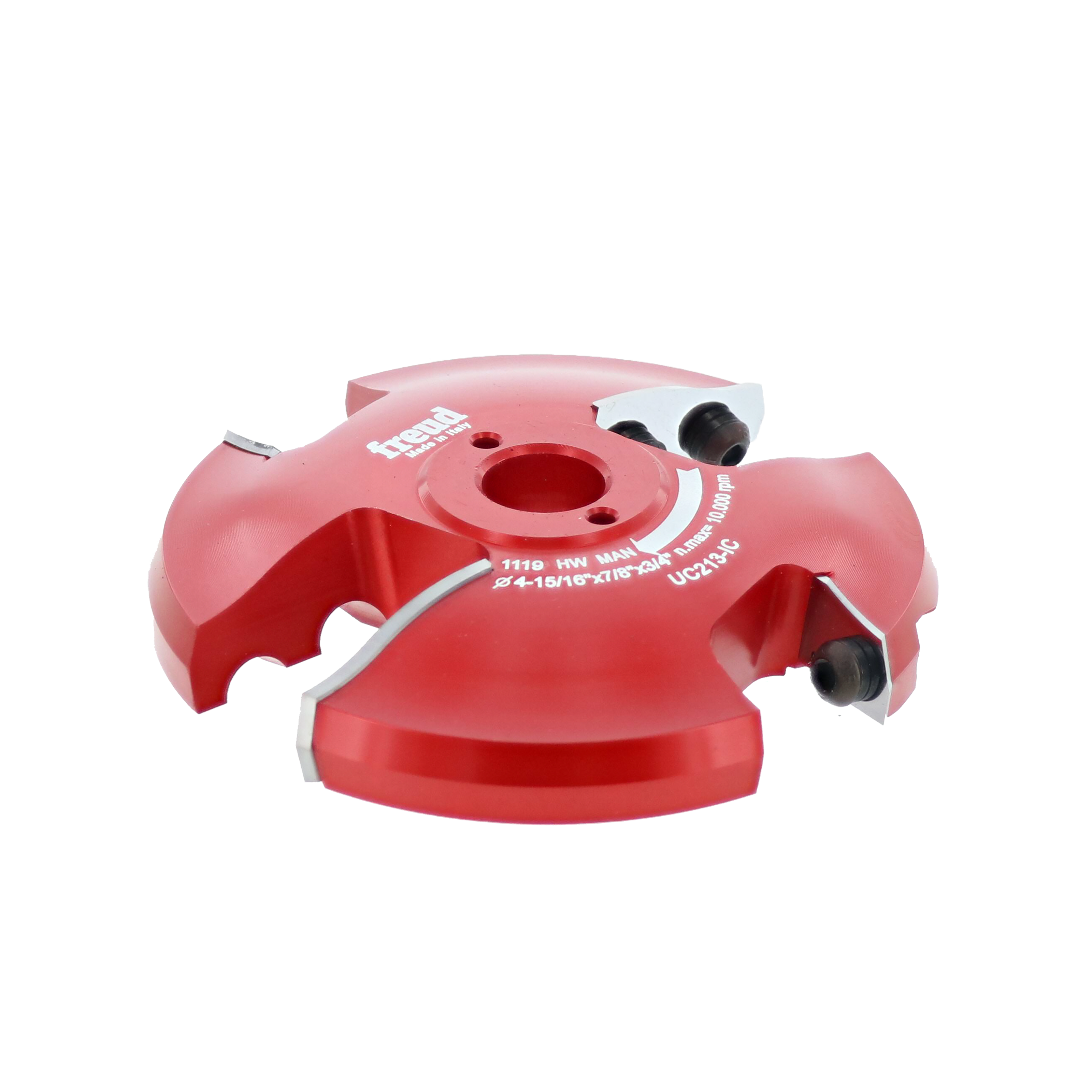Red router cutter head with two cutting blades and central mounting hole for 3/4" stock milling.