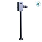 Toto Ecopower touchless flushometer valve with light blue sensor box, black metal pole, and polished chrome control knob.
