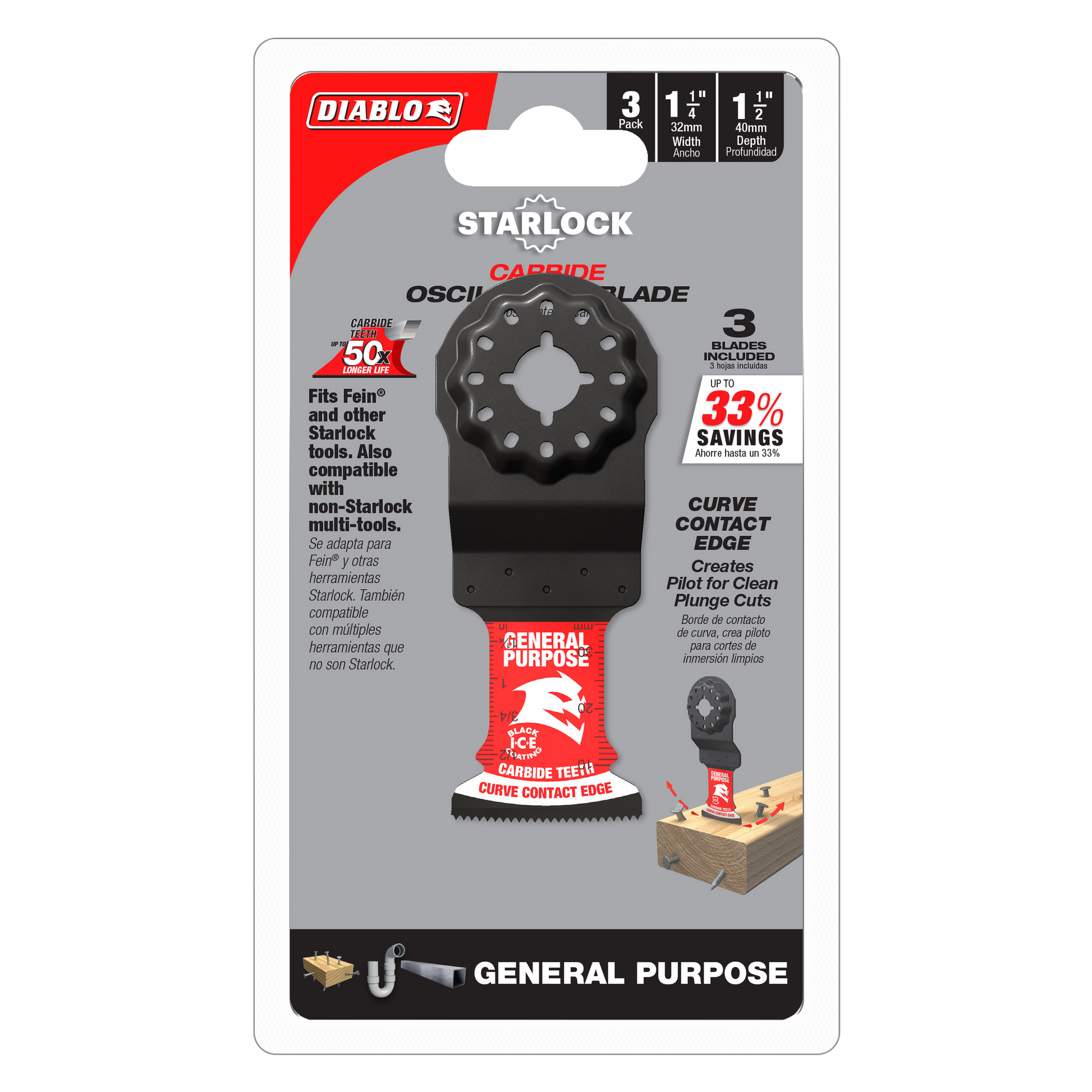 Three Diablo Starlock carbide oscillating saw blades with 1-1/4 inch width in packaging showing curved contact edge design.