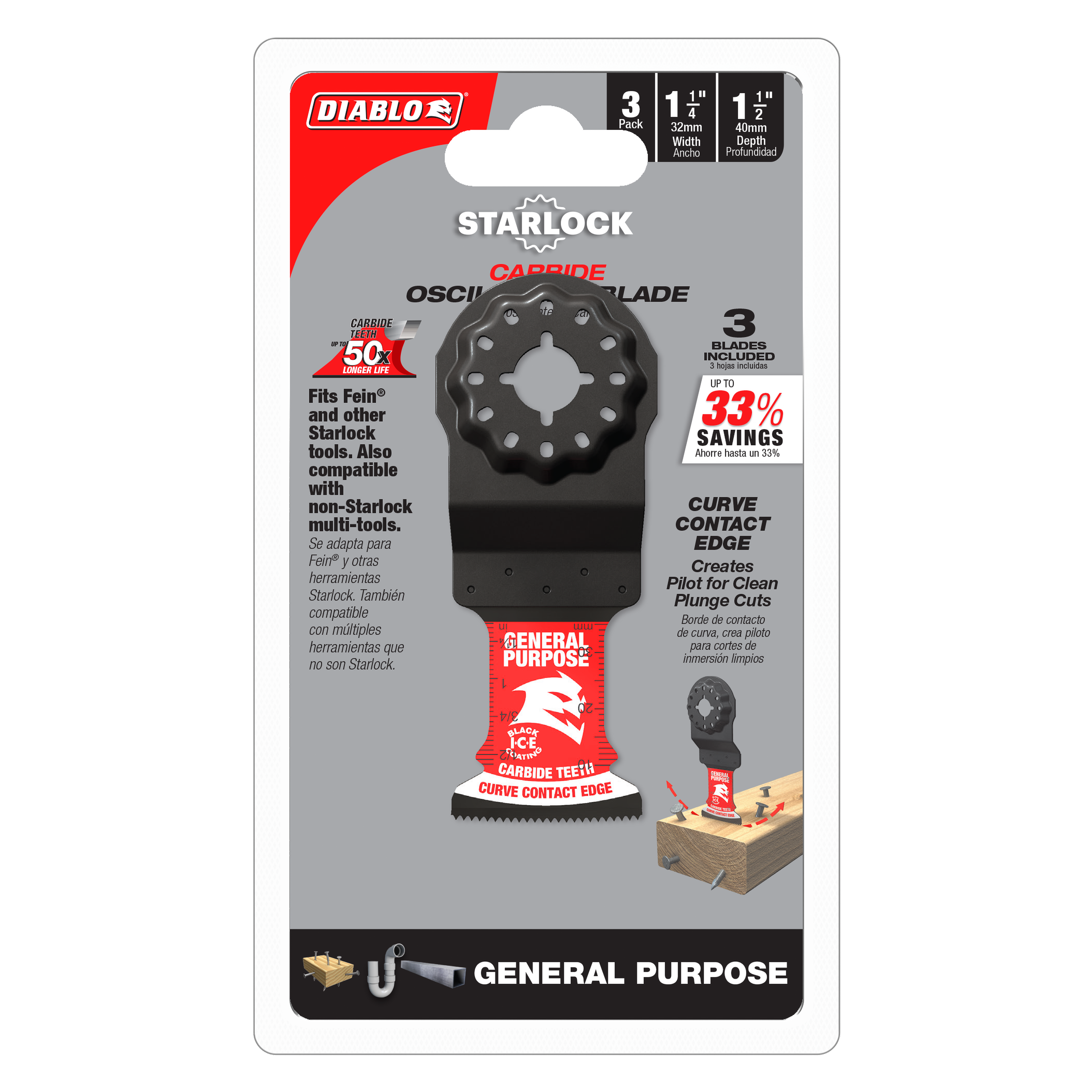 Three Diablo Starlock carbide oscillating saw blades with 1-1/4 inch width in packaging showing curved contact edge design.