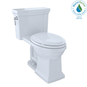 White elongated one-piece toilet with soft-close seat and tank with fill valve visible.