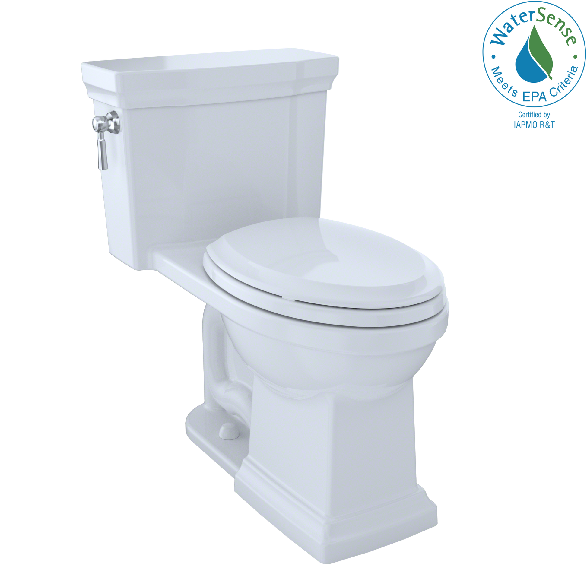 White elongated one-piece toilet with soft-close seat and tank with fill valve visible.