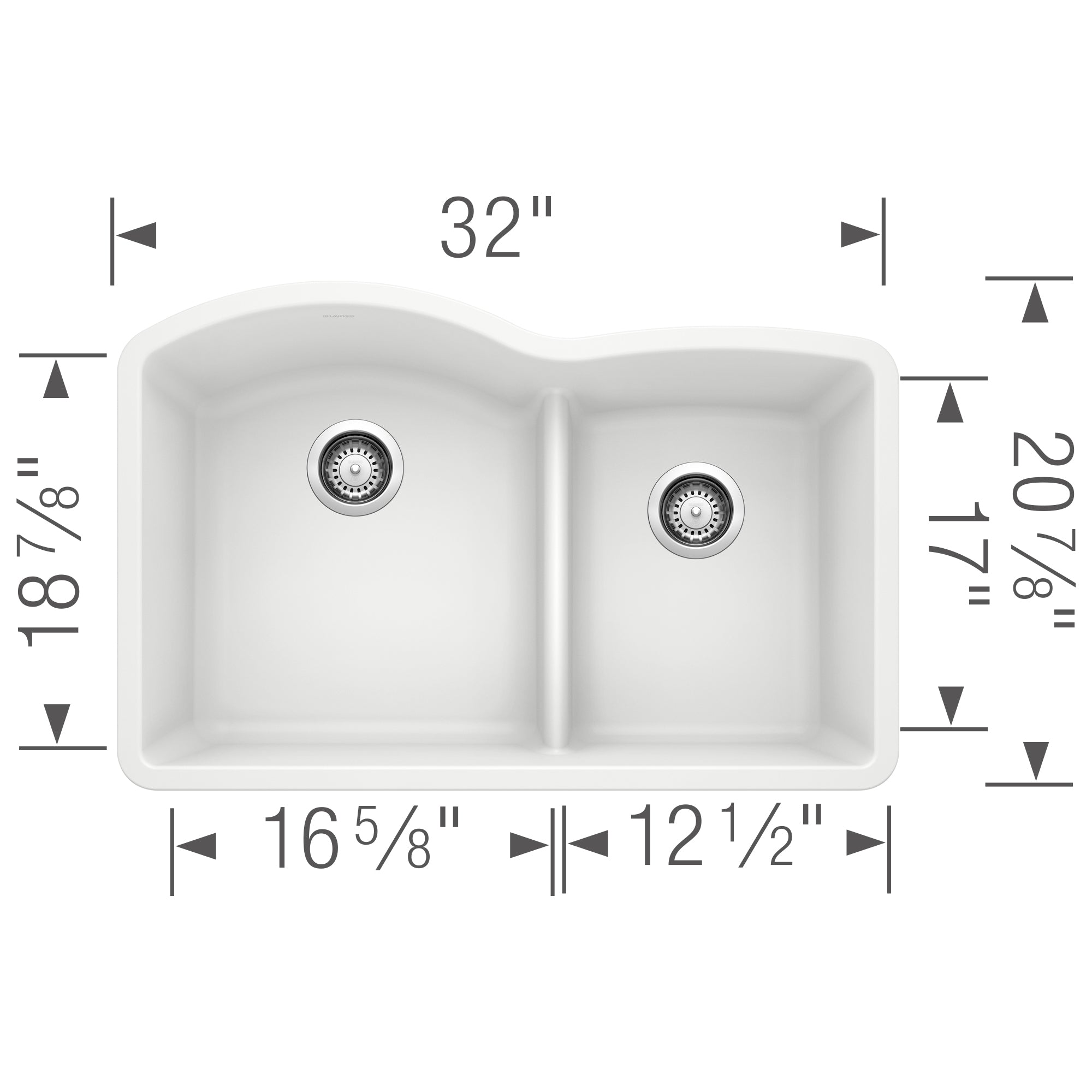 White undermount double-bowl kitchen sink with low divide, 32" wide, dimensions labeled for installation.
