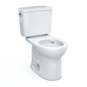 White two-piece toilet with round bowl, matching tank, and chrome fill valve lever.