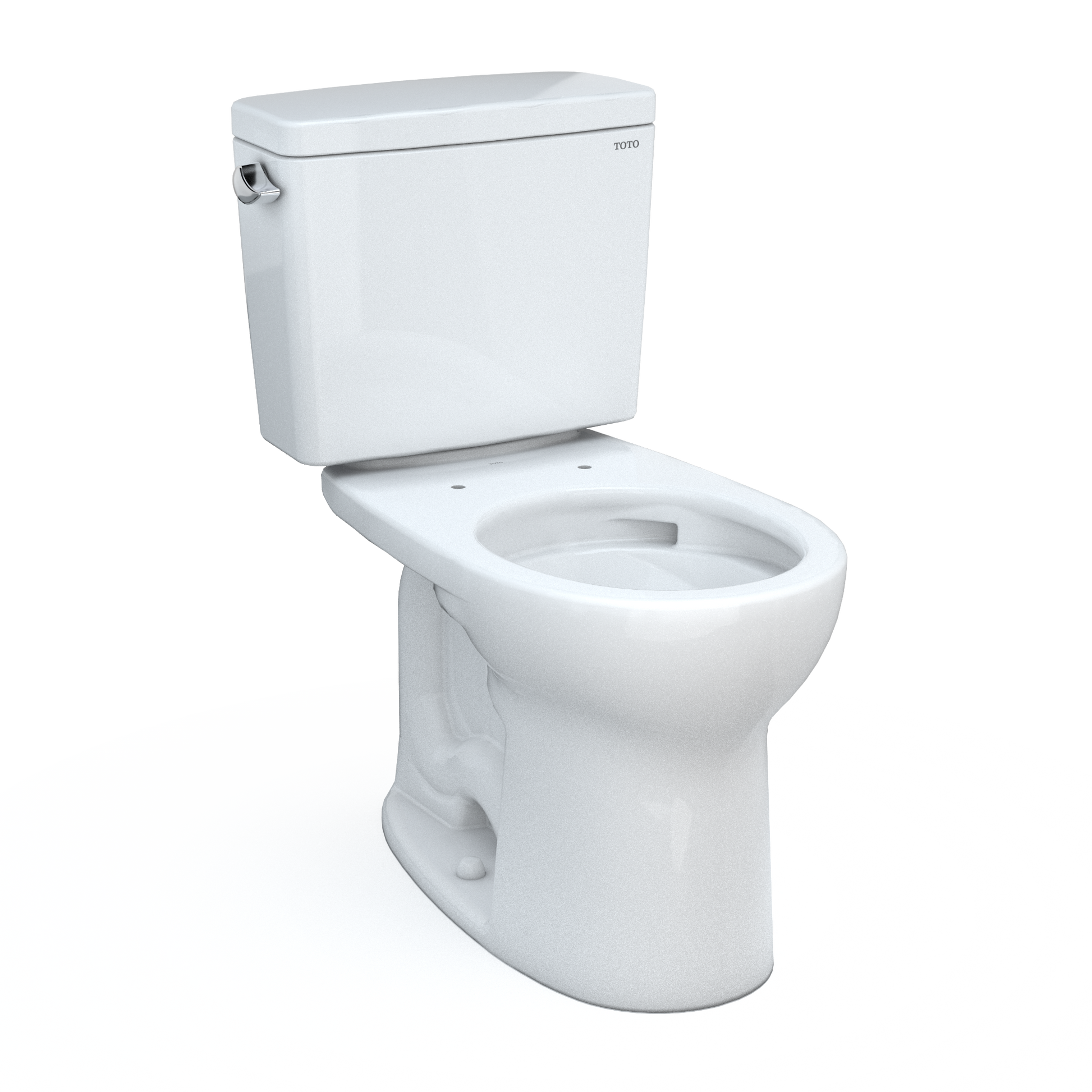 White two-piece toilet with round bowl, matching tank, and chrome fill valve lever.