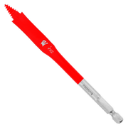 Red and silver spade bit with flat cutting head and hexagonal shank for drilling.