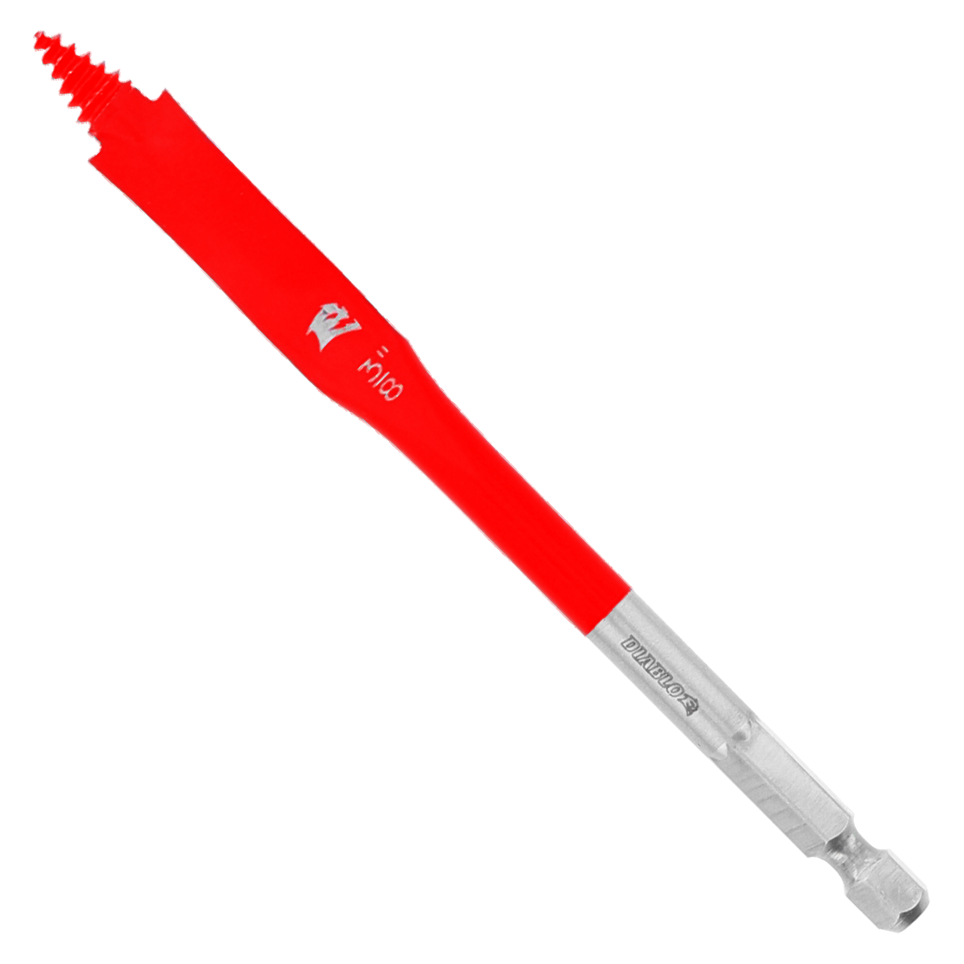 Red and silver spade bit with flat cutting head and hexagonal shank for drilling.