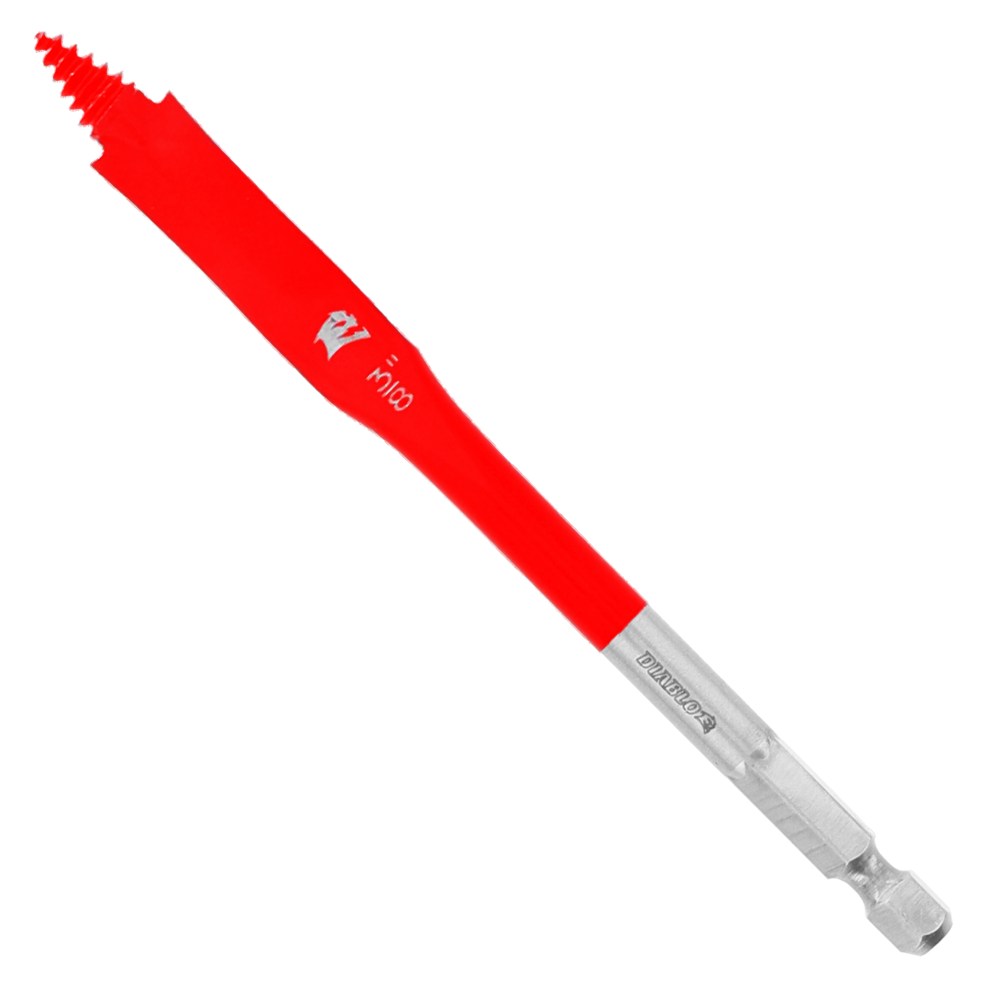 Red and silver spade bit with flat cutting head and hexagonal shank for drilling.