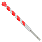 Red and gray carbide-tipped hammer drill bit with twisted flutes and hex shank.